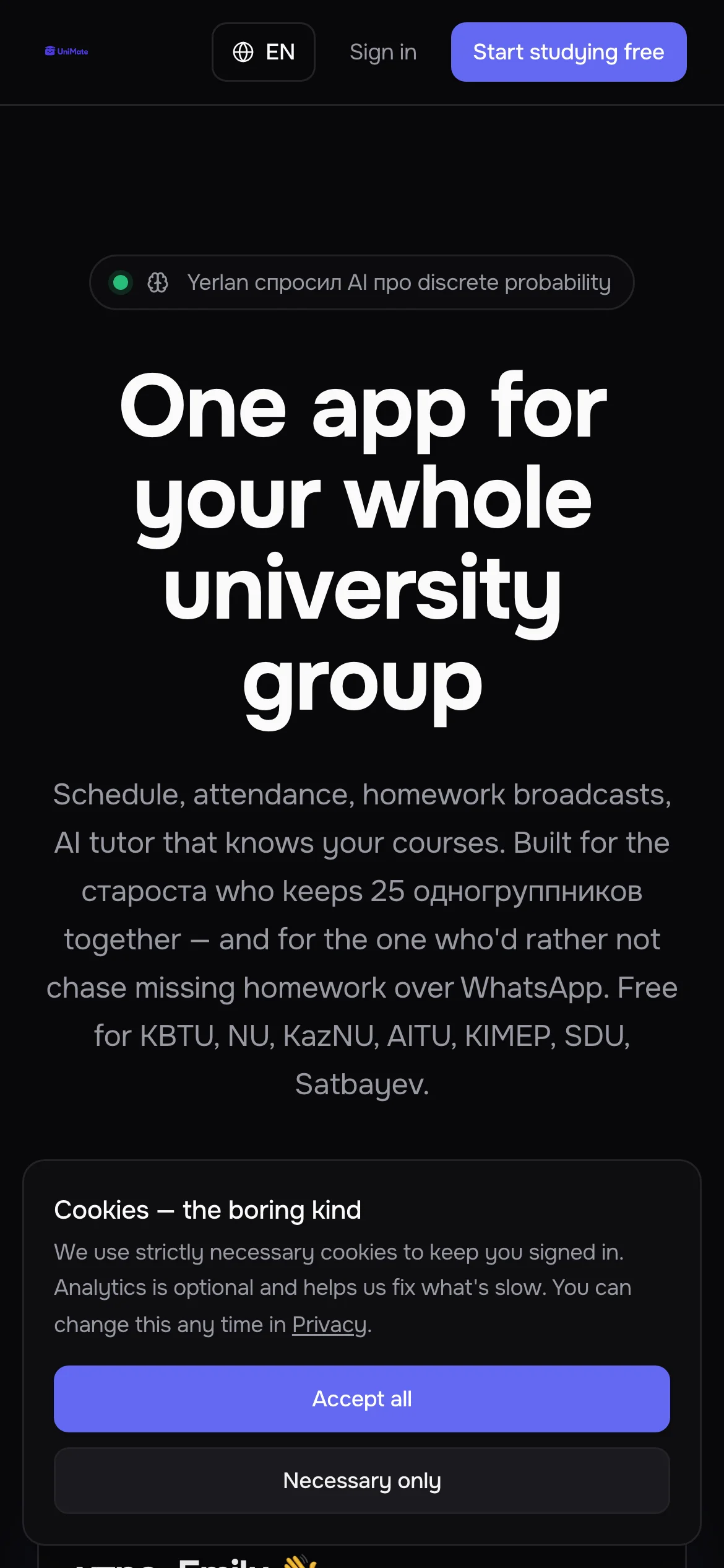 UniMate mobile homepage